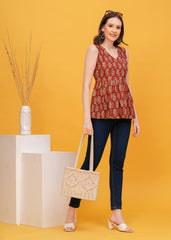 Stylish Maroon Ajrak Print Sleeveless Pure Cotton Top- Embrace Timeless Elegance with A Modern twist