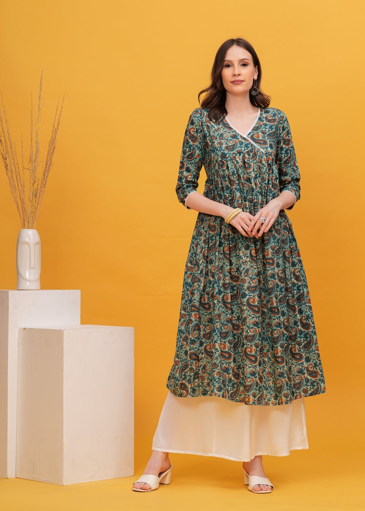 Nature's Touch: Experience Elegance with  Flared Alia Cut Green Printed Kurti -Perfect for Effortless Style