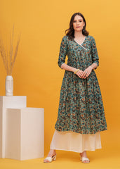 Nature's Touch: Experience Elegance with  Flared Alia Cut Green Printed Kurti -Perfect for Effortless Style