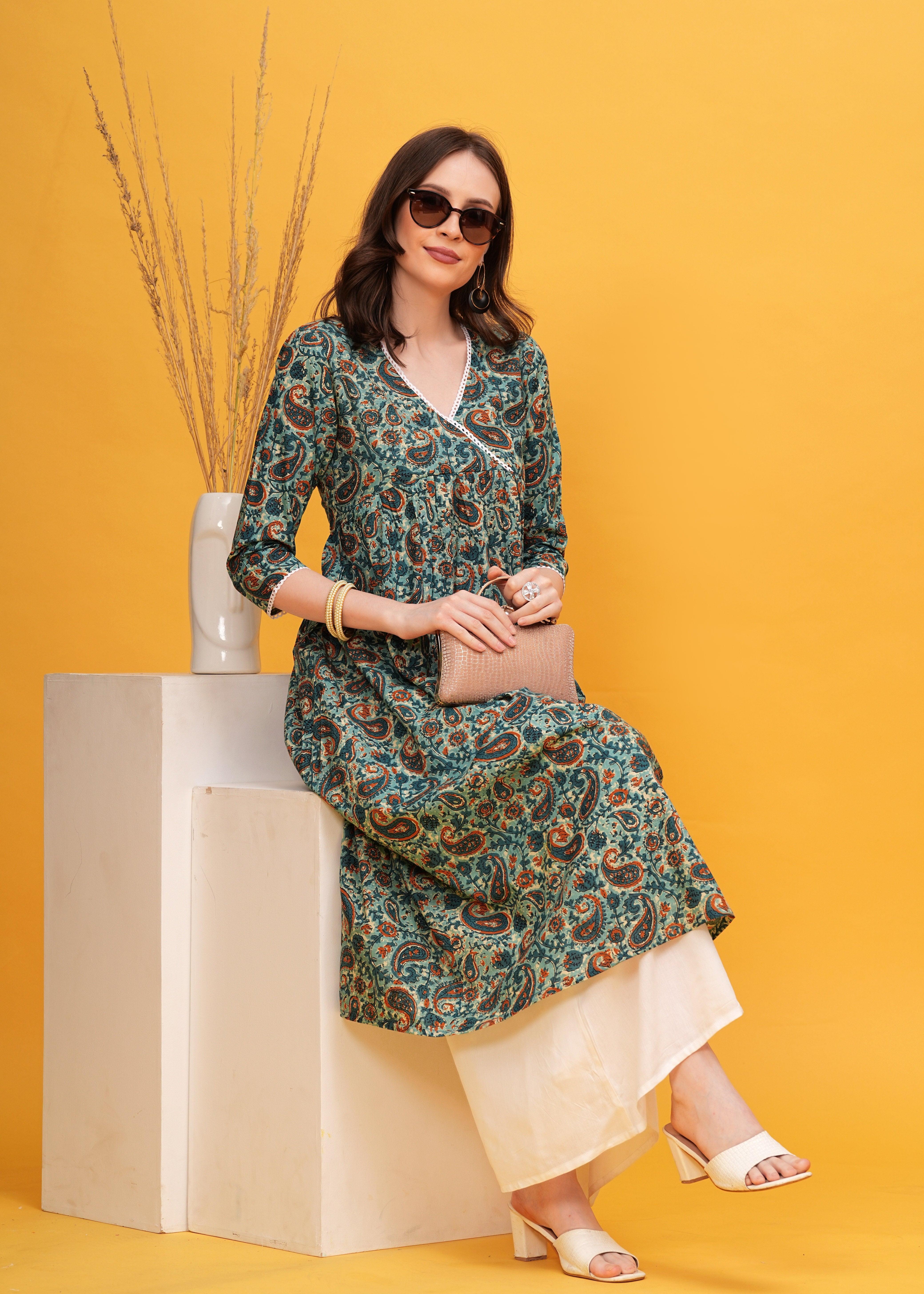 Flared Alia Cut Green Cotton Kurta with White Divider Kurta Set