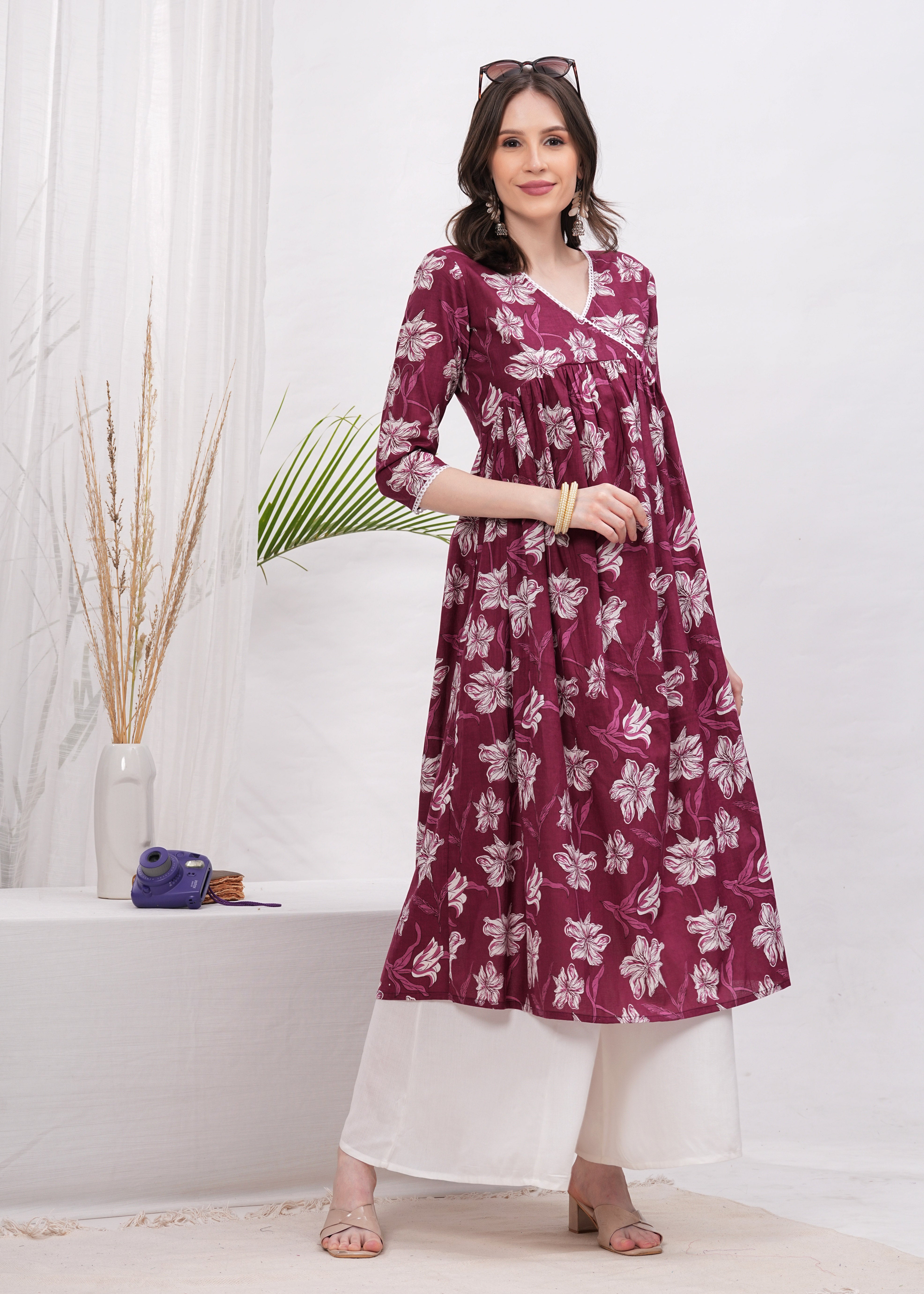 Flared Alia Cut Maroon Color Cotton Kurta with White Divider Kurta Set