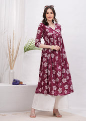 Flared Alia Cut Maroon Color Cotton Kurta with White Divider Kurta Set