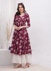 Elegant Flared Maroon Cotton Long Kurti with Artistic Prints and Stylish Neckline - Perfect Blend of Comfort and Chic Ethnic Fashion