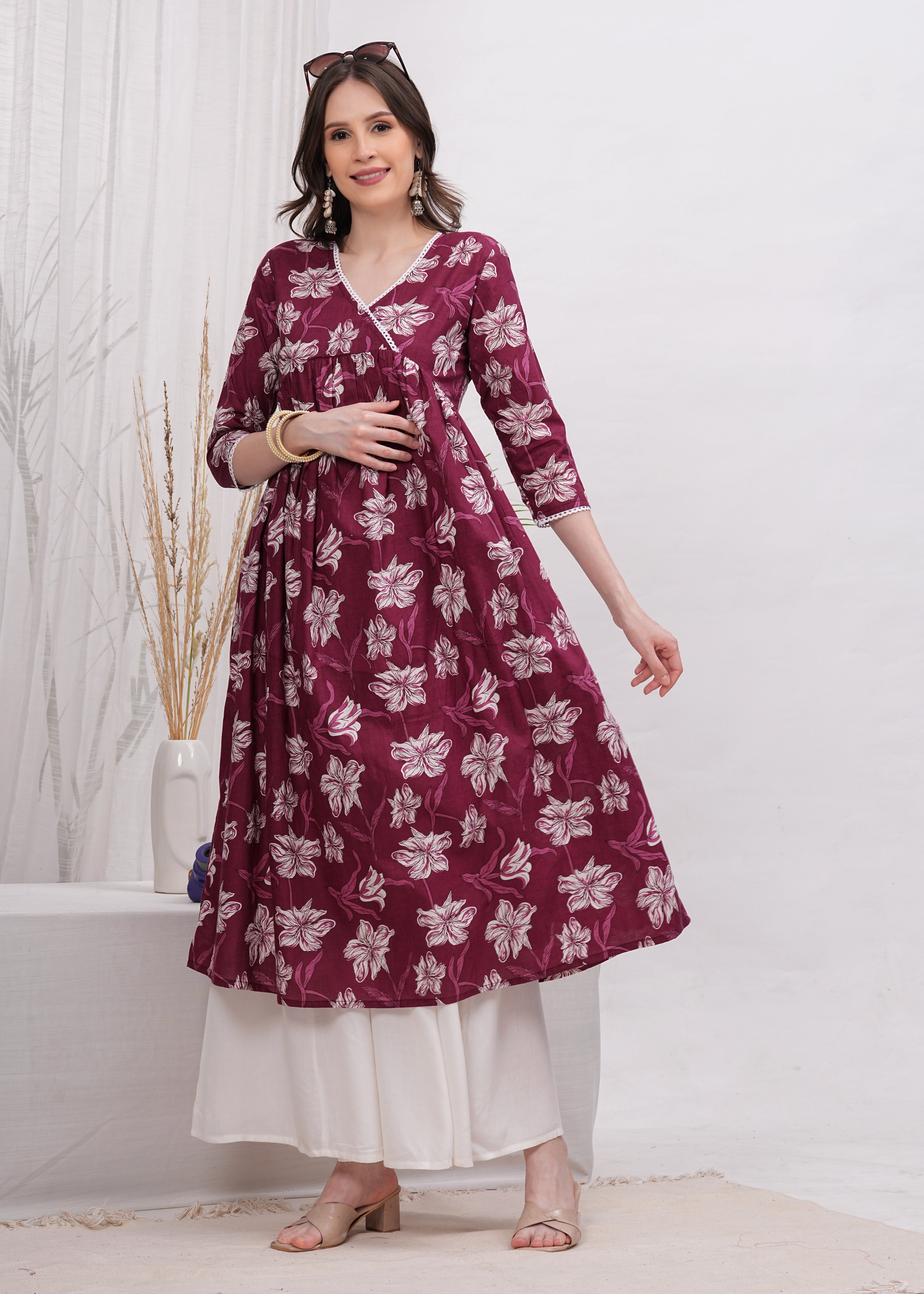 Flared Alia Cut Maroon Color Cotton Kurta with White Divider Kurta Set