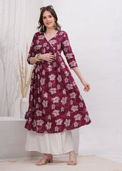Flared Alia Cut Maroon Color Cotton Kurta with White Divider Kurta Set