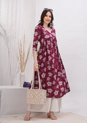 Elegant Flared Maroon Cotton Long Kurti with Artistic Prints and Stylish Neckline - Perfect Blend of Comfort and Chic Ethnic Fashion