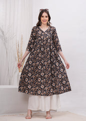 Perfect Blend of Elegance and Chic in  Black Printed - Stunning White and Brown Flower