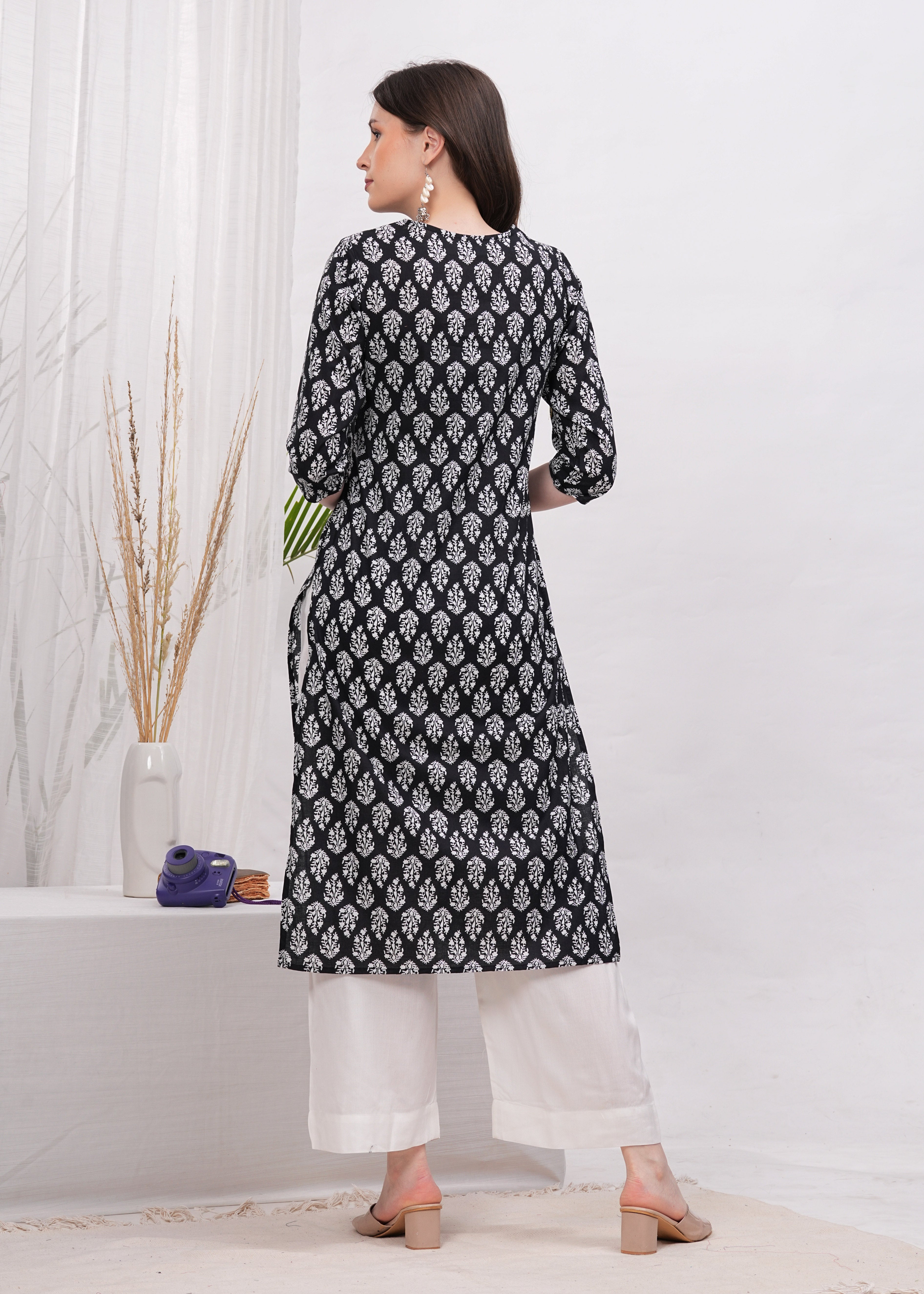 Ebony Artistry Black Block Print Cotton Long Kurti -Bold Statement in Black Block Print