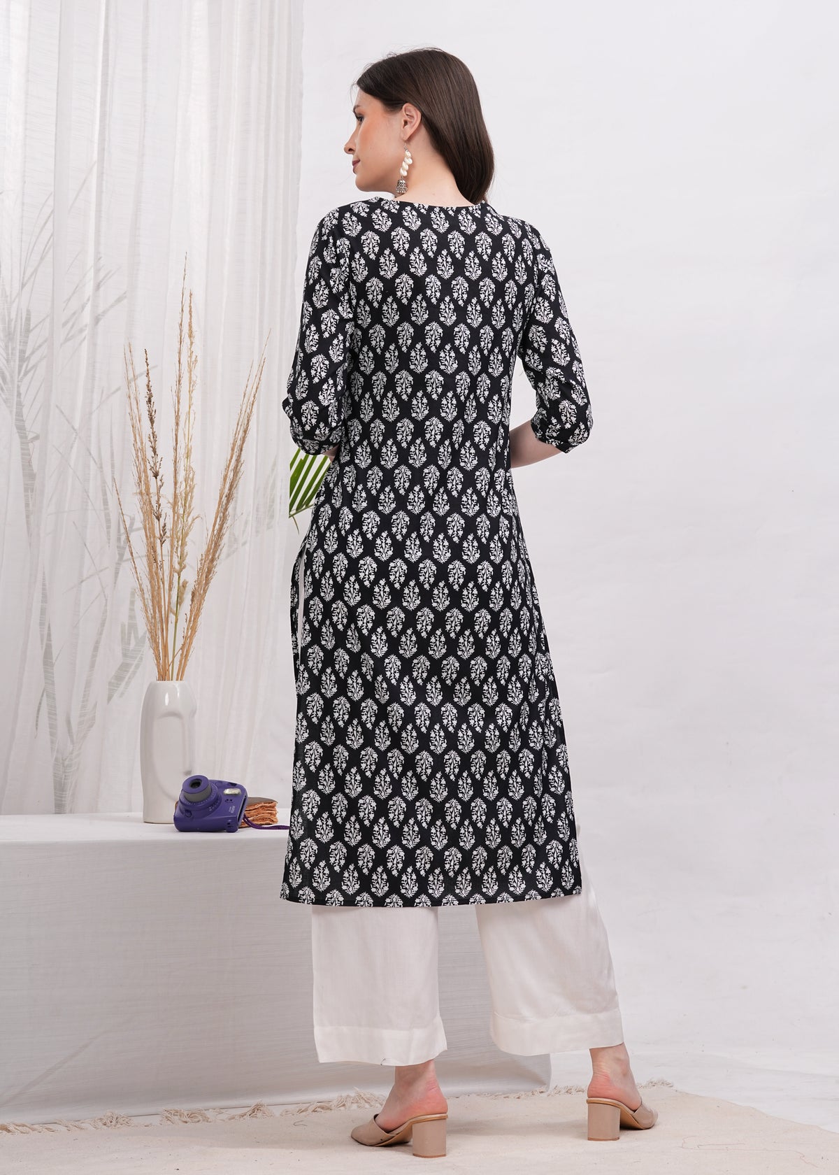 Elegant Straight Black Printed Cotton Kurta Paired with White Palazzo - A Timeless Ensemble for Chic and Comfortable Ethnic Fashion