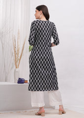 Elegant Straight Black Printed Cotton Kurta Paired with White Palazzo - A Timeless Ensemble for Chic and Comfortable Ethnic Fashion
