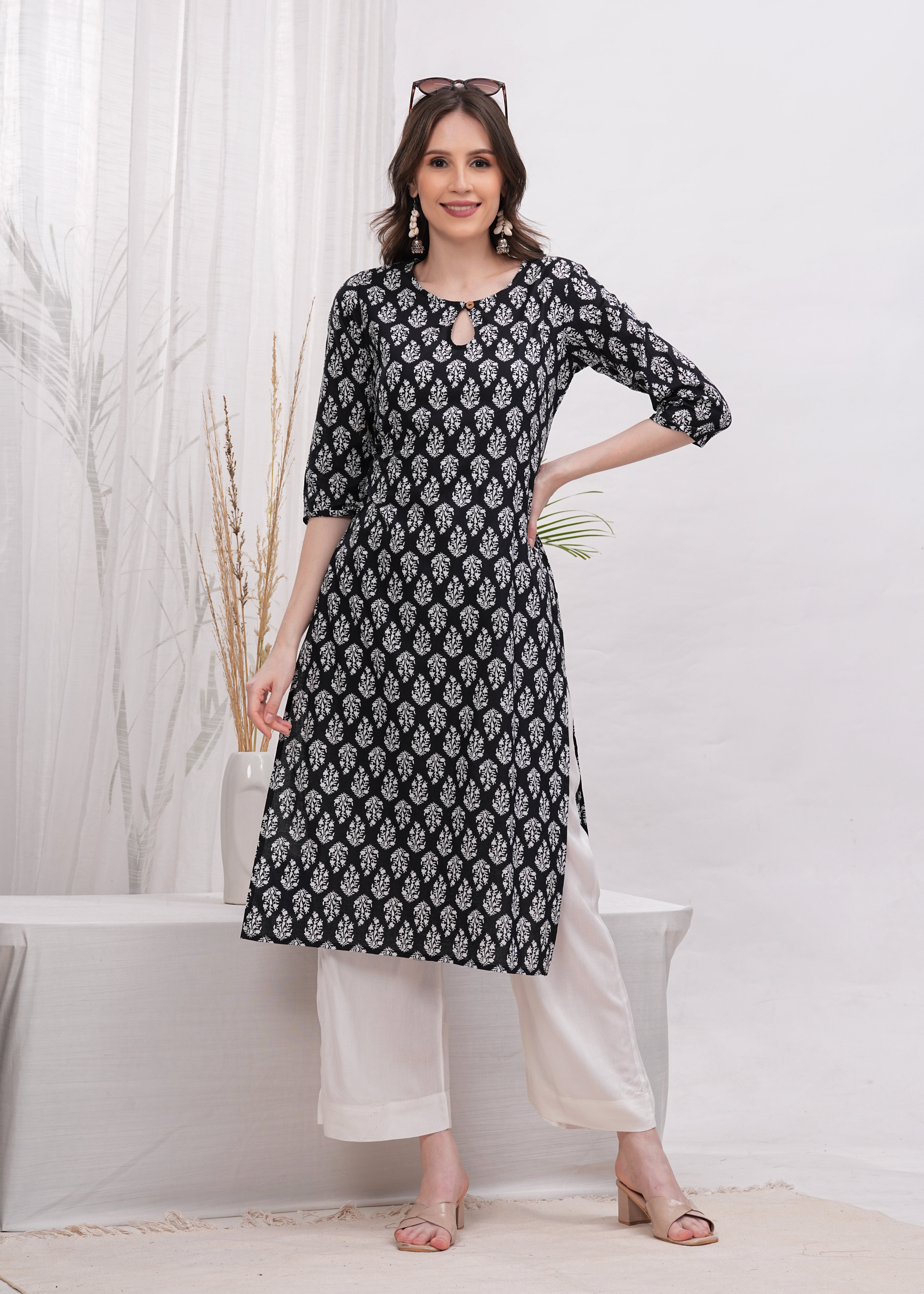 Ebony Artistry Black Block Print Cotton Long Kurti -Bold Statement in Black Block Print