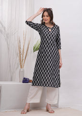 Ebony Artistry Black Block Print Cotton Long Kurti -Bold Statement in Black Block Print