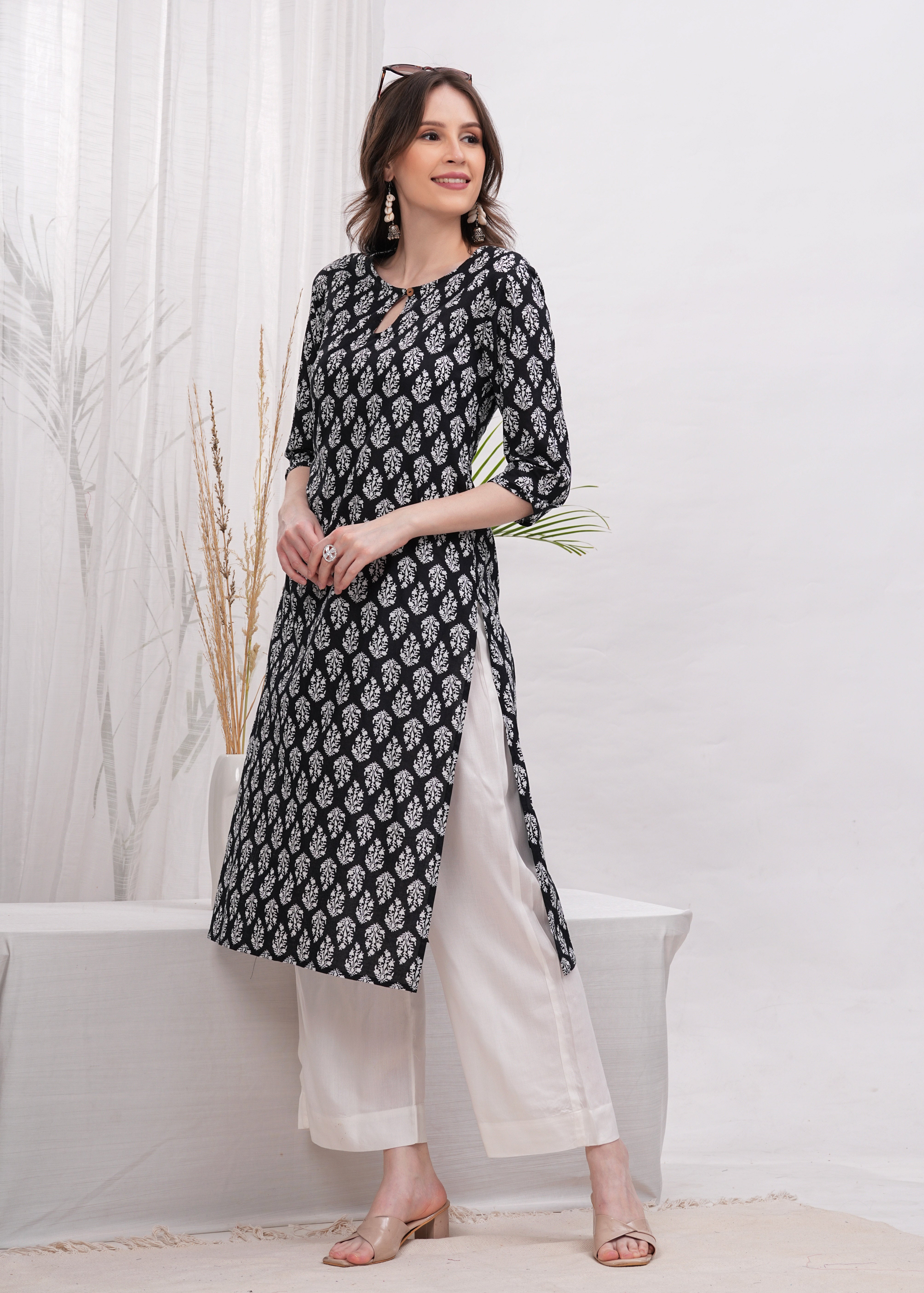Ebony Artistry Black Block Print Cotton Long Kurti -Bold Statement in Black Block Print