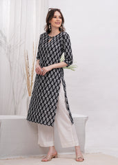 Ebony Artistry Black Block Print Cotton Long Kurti -Bold Statement in Black Block Print