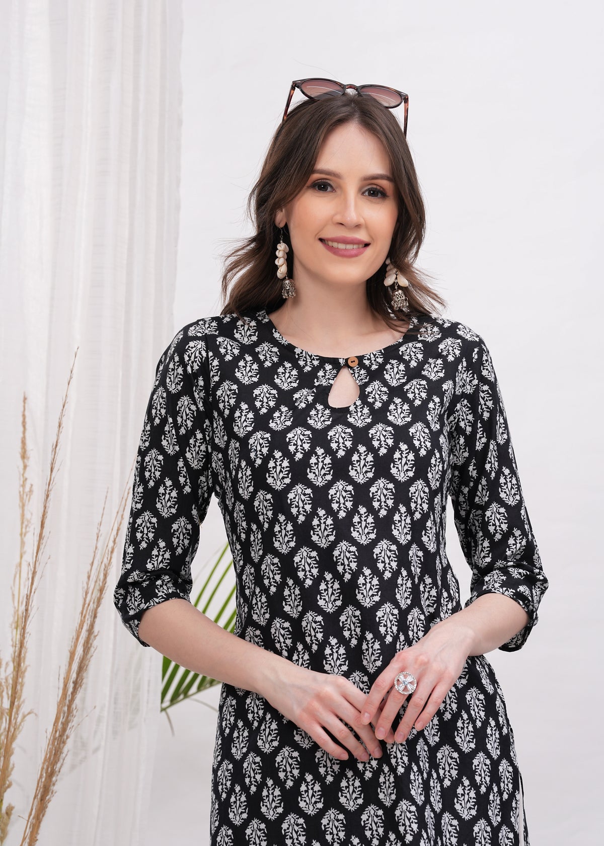 Ebony Artistry Black Block Print Cotton Long Kurti -Bold Statement in Black Block Print