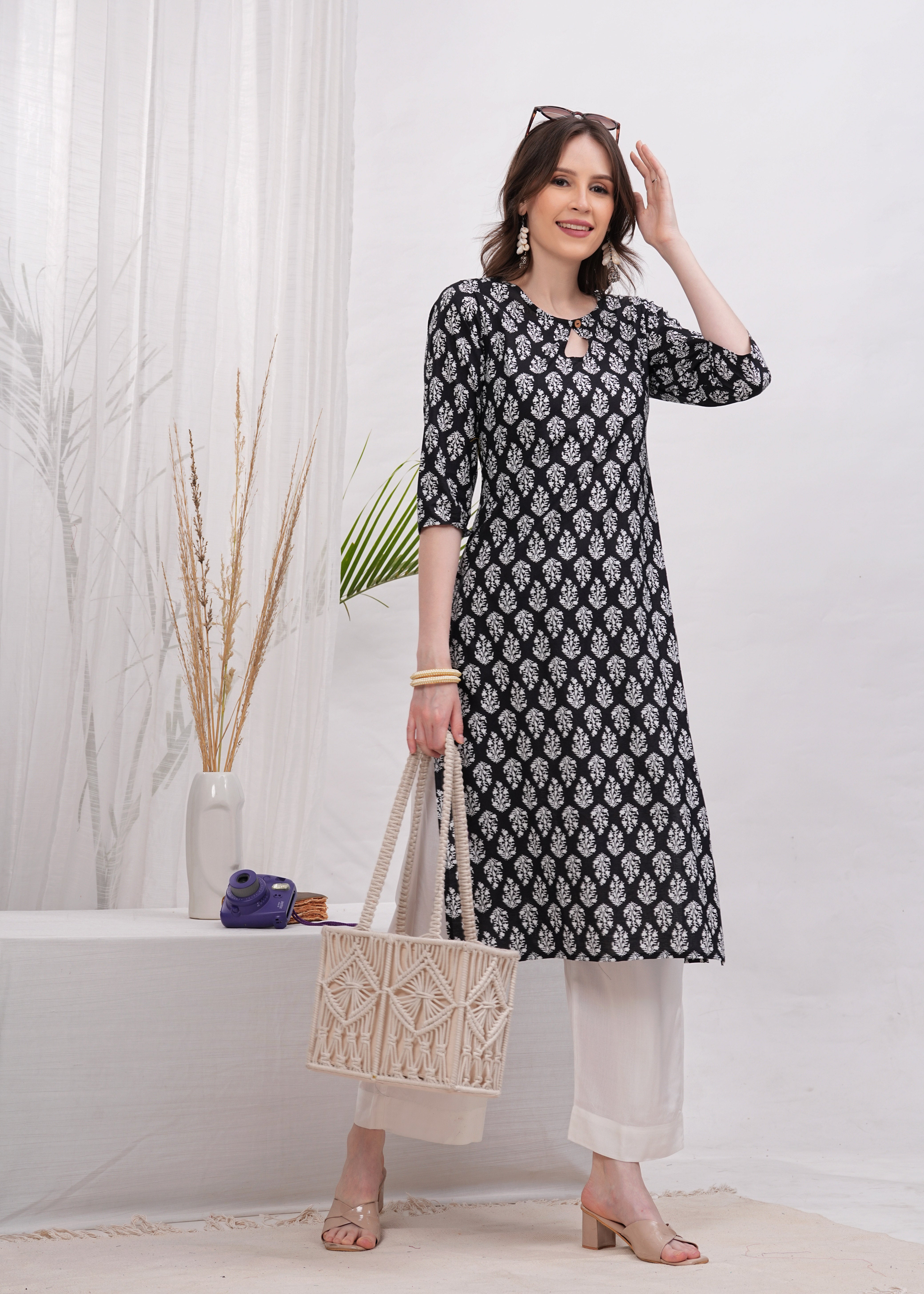 Ebony Artistry Black Block Print Cotton Long Kurti -Bold Statement in Black Block Print