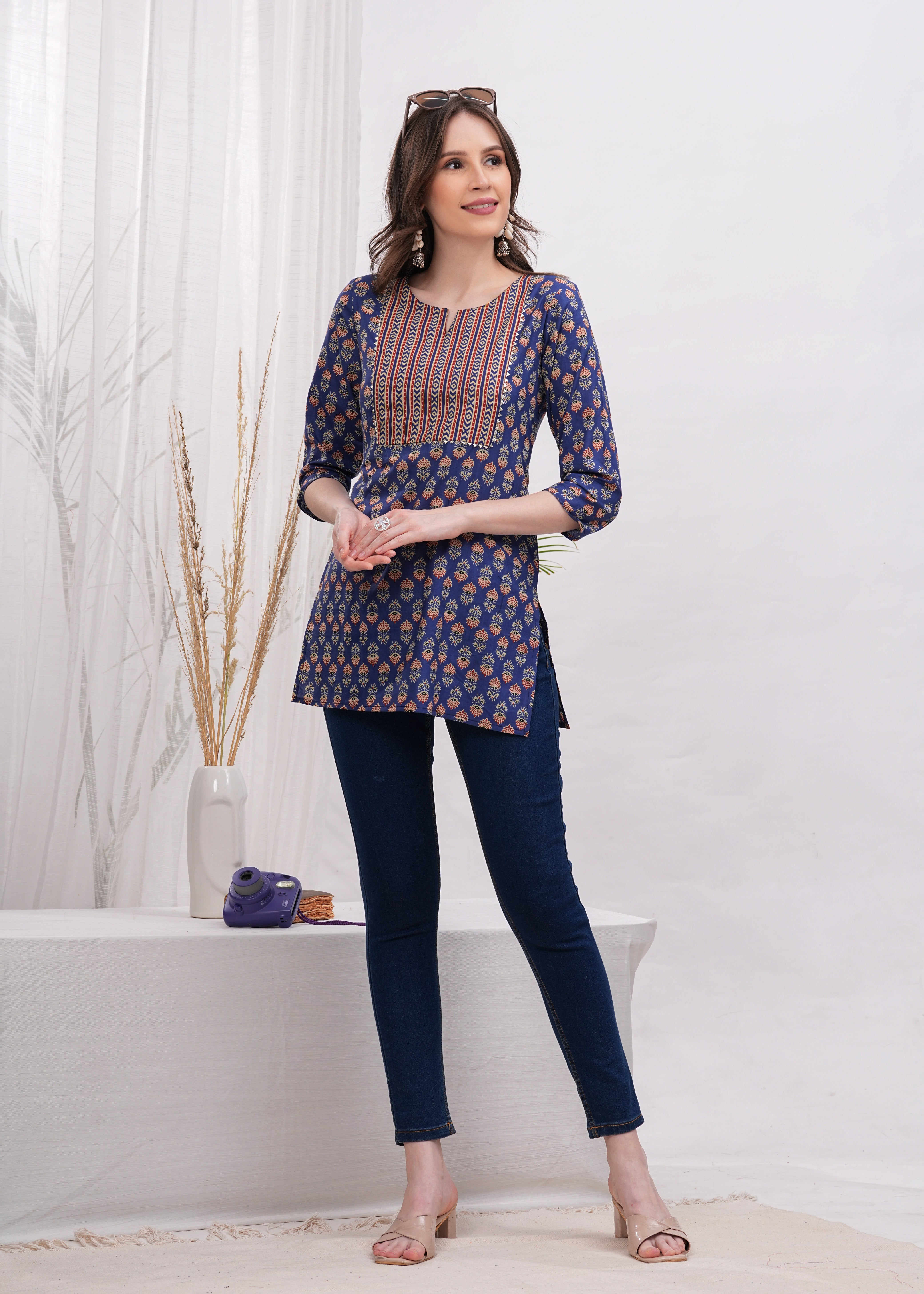 Notch Neck Yoke Style Blue Pure Cotton Stylish Short Kurti