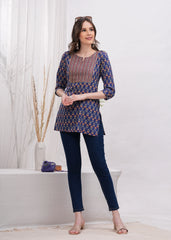 Notch Neck Yoke Style Blue Pure Cotton Stylish Short Kurti