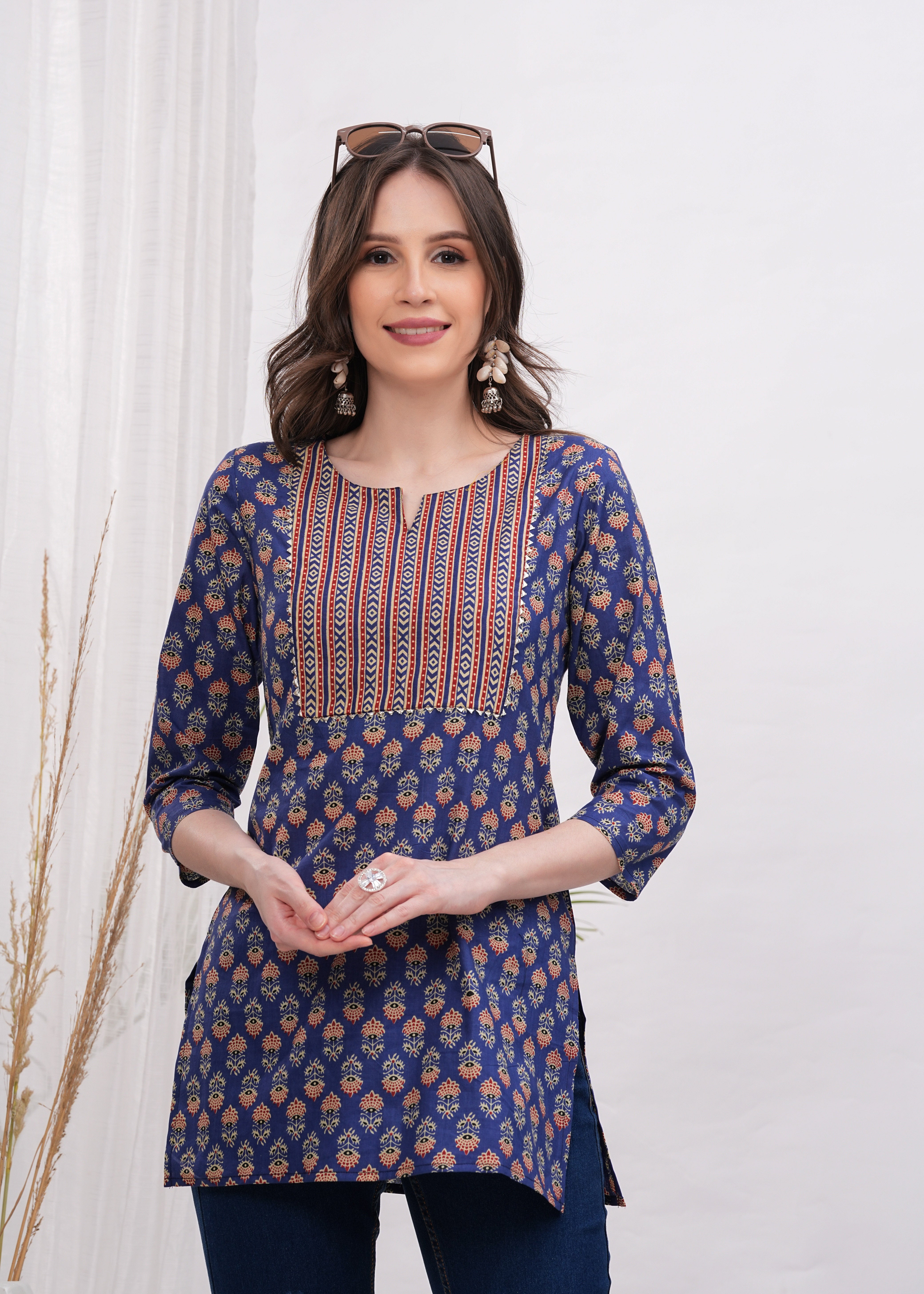 Notch Neck Yoke Style Blue Pure Cotton Stylish Short Kurti