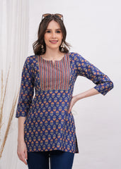 Notch Neck Yoke Style Blue Pure Cotton Stylish Short Kurti