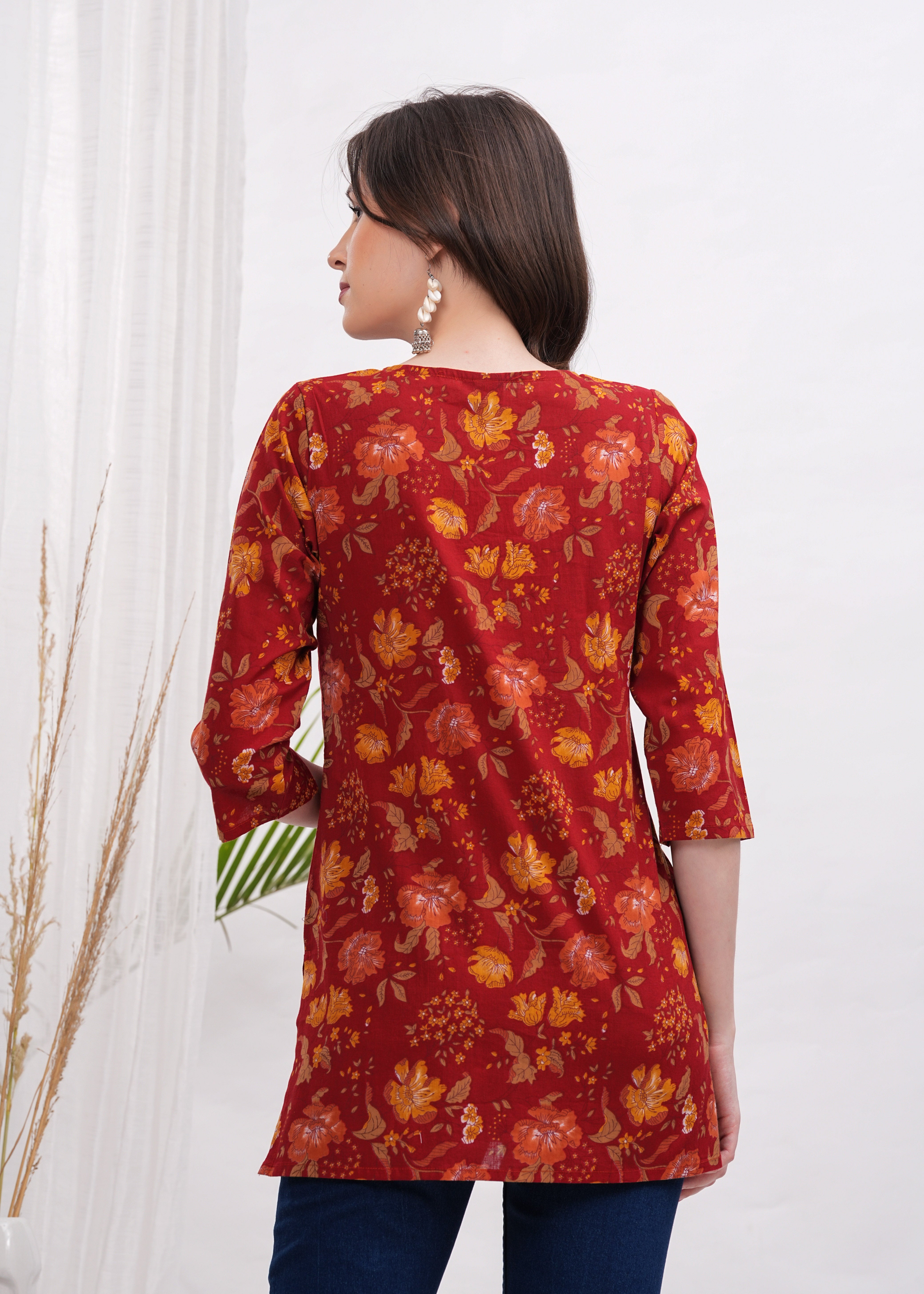 Vibrant Hot Red with Yellow Flower Print Cotton fabric Stylish Short Kurti-A Bold Bloom of Color and Style