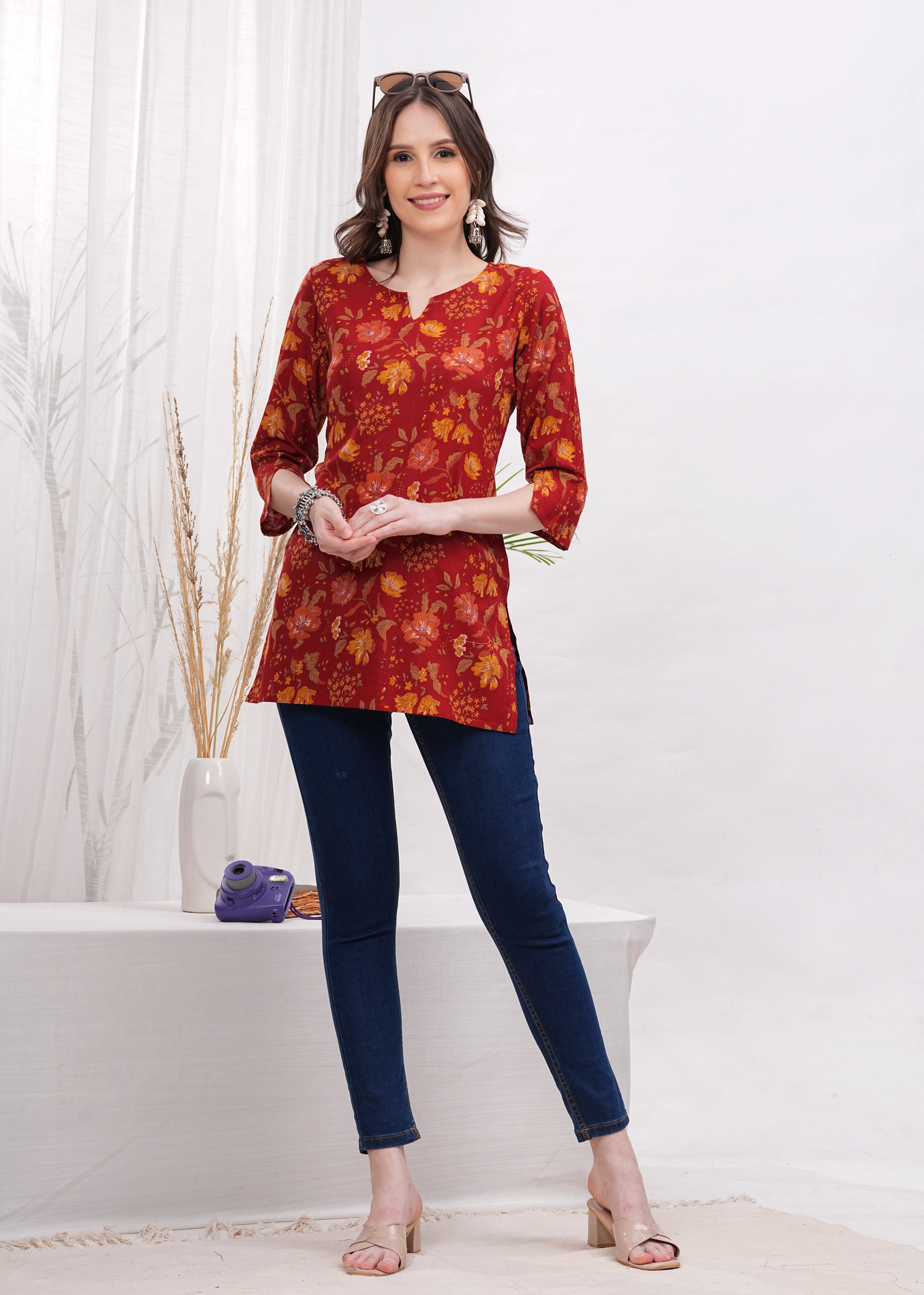 Vibrant Hot Red with Yellow Flower Print Cotton fabric Stylish Short Kurti-A Bold Bloom of Color and Style