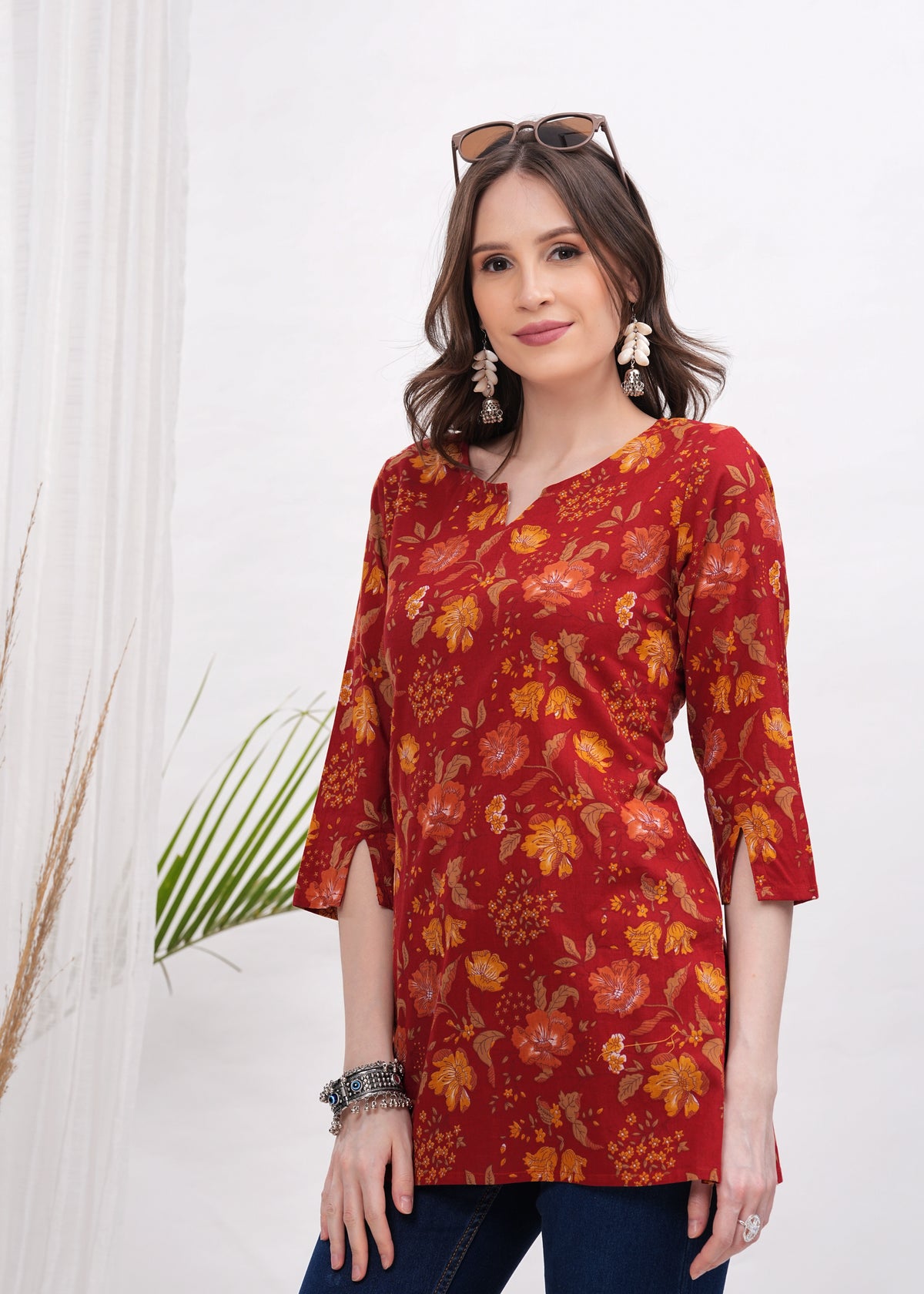 Vibrant Hot Red with Yellow Flower Print Cotton fabric Stylish Short Kurti-A Bold Bloom of Color and Style