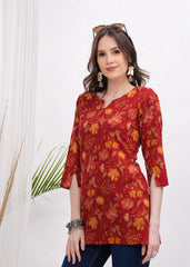 Vibrant Hot Red with Yellow Flower Print Cotton fabric Stylish Short Kurti-A Bold Bloom of Color and Style