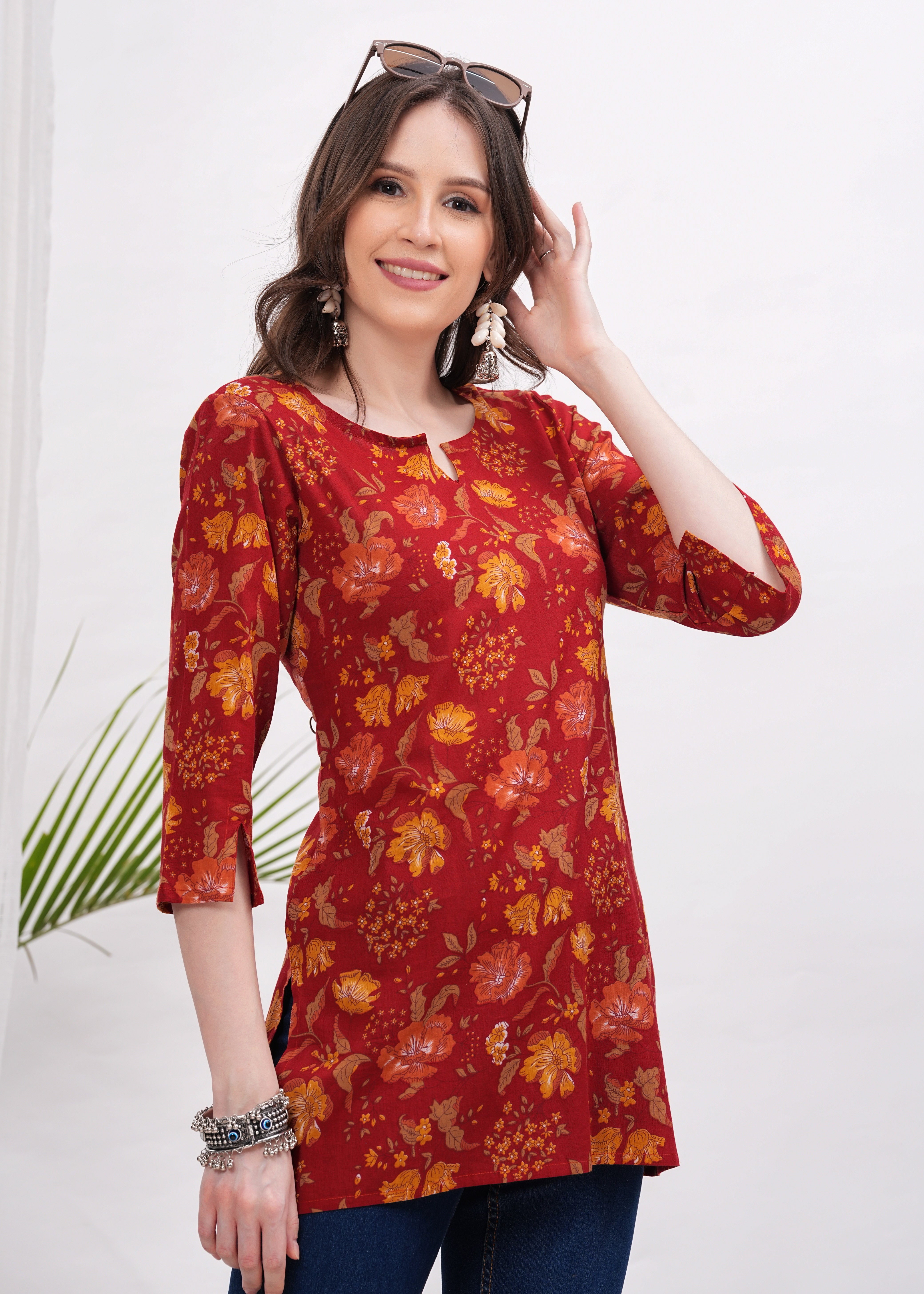 Vibrant Hot Red with Yellow Flower Print Cotton fabric Stylish Short Kurti-A Bold Bloom of Color and Style