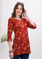 Vibrant Hot Red with Yellow Flower Print Cotton fabric Stylish Short Kurti-A Bold Bloom of Color and Style