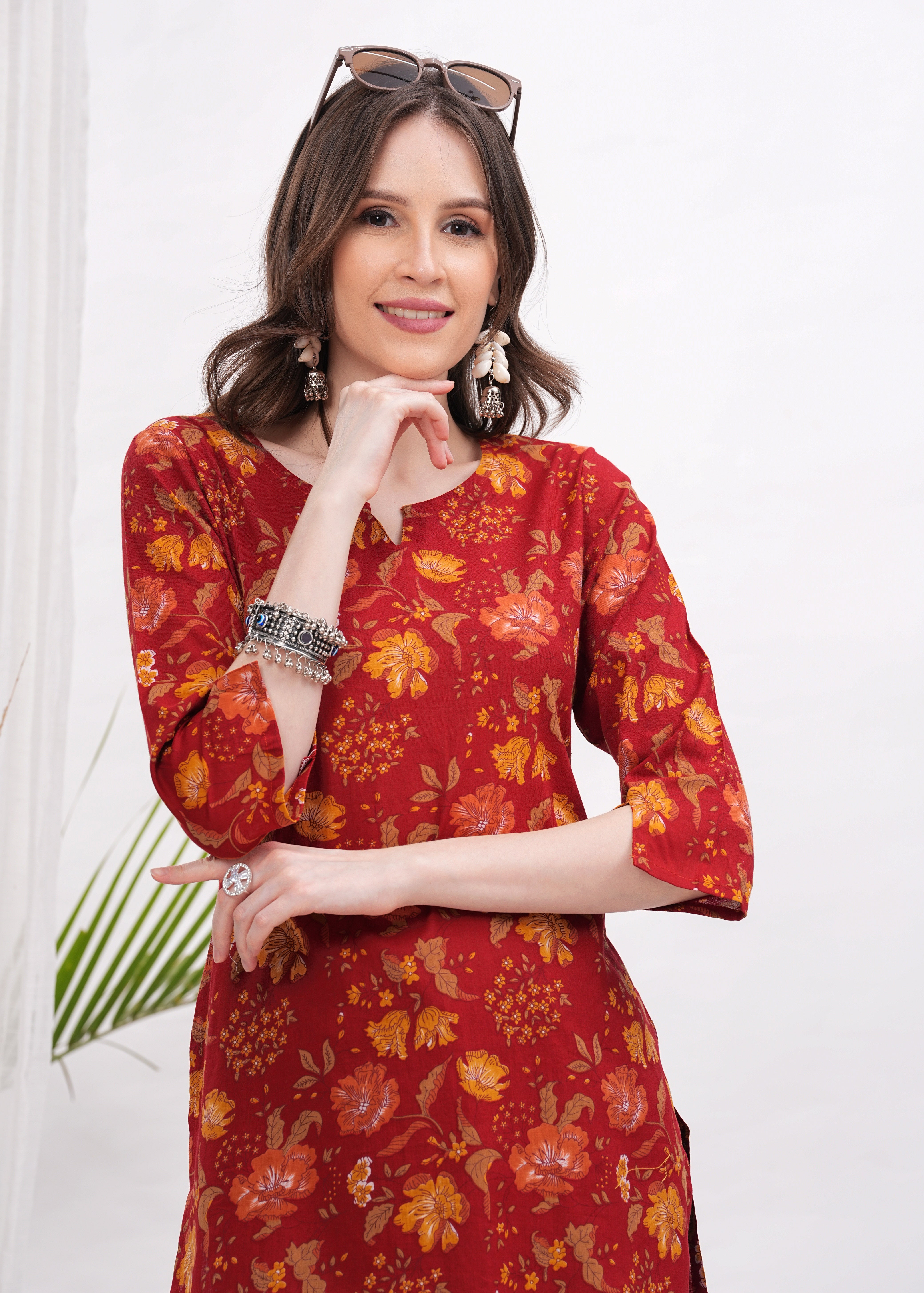 Vibrant Hot Red with Yellow Flower Print Cotton fabric Stylish Short Kurti-A Bold Bloom of Color and Style