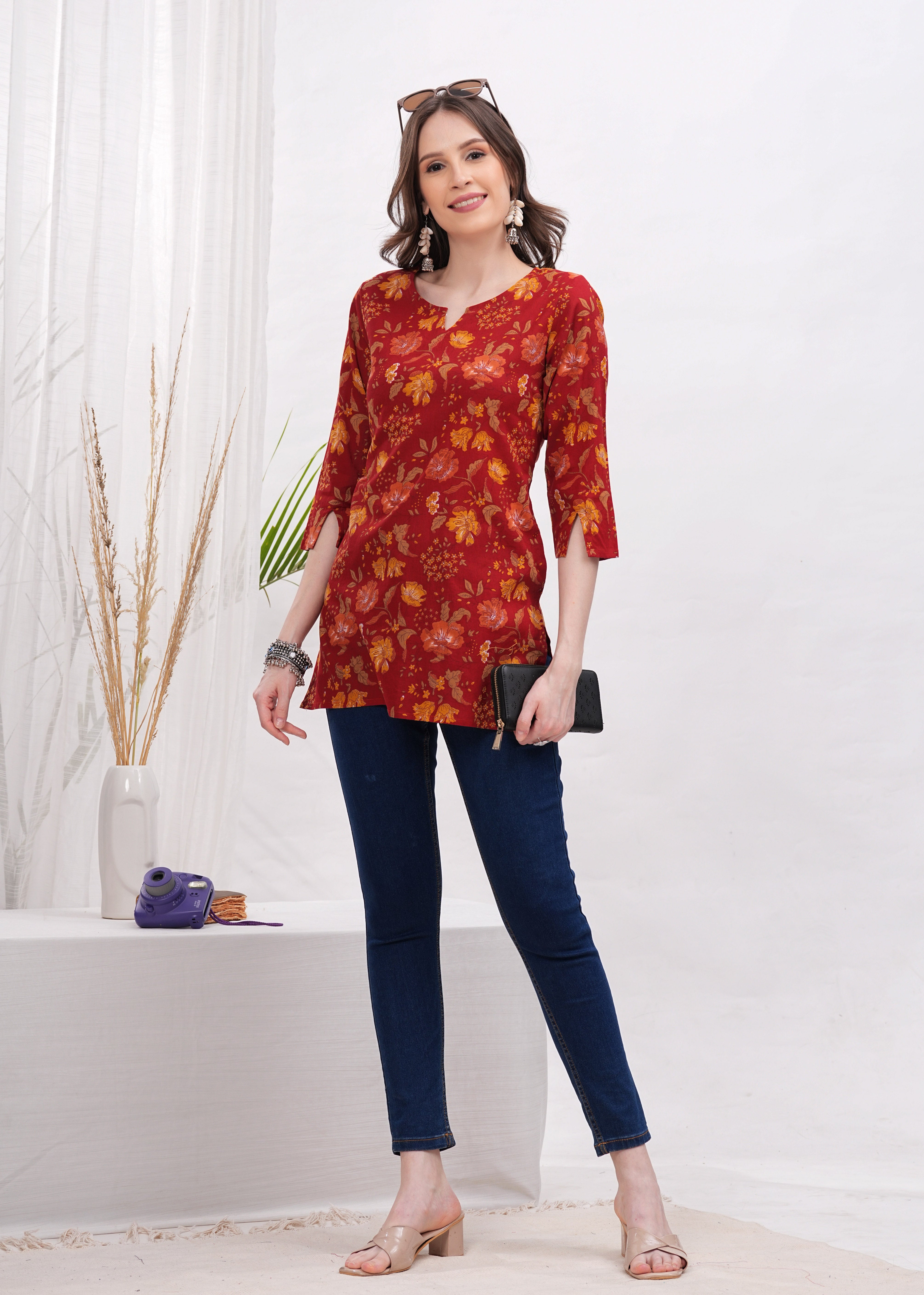 Vibrant Hot Red with Yellow Flower Print Cotton fabric Stylish Short Kurti-A Bold Bloom of Color and Style