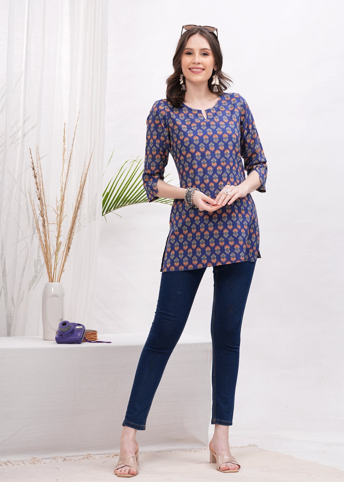 Trendy Tides Bold and Blue Color Block Print Cotton Short Kurti