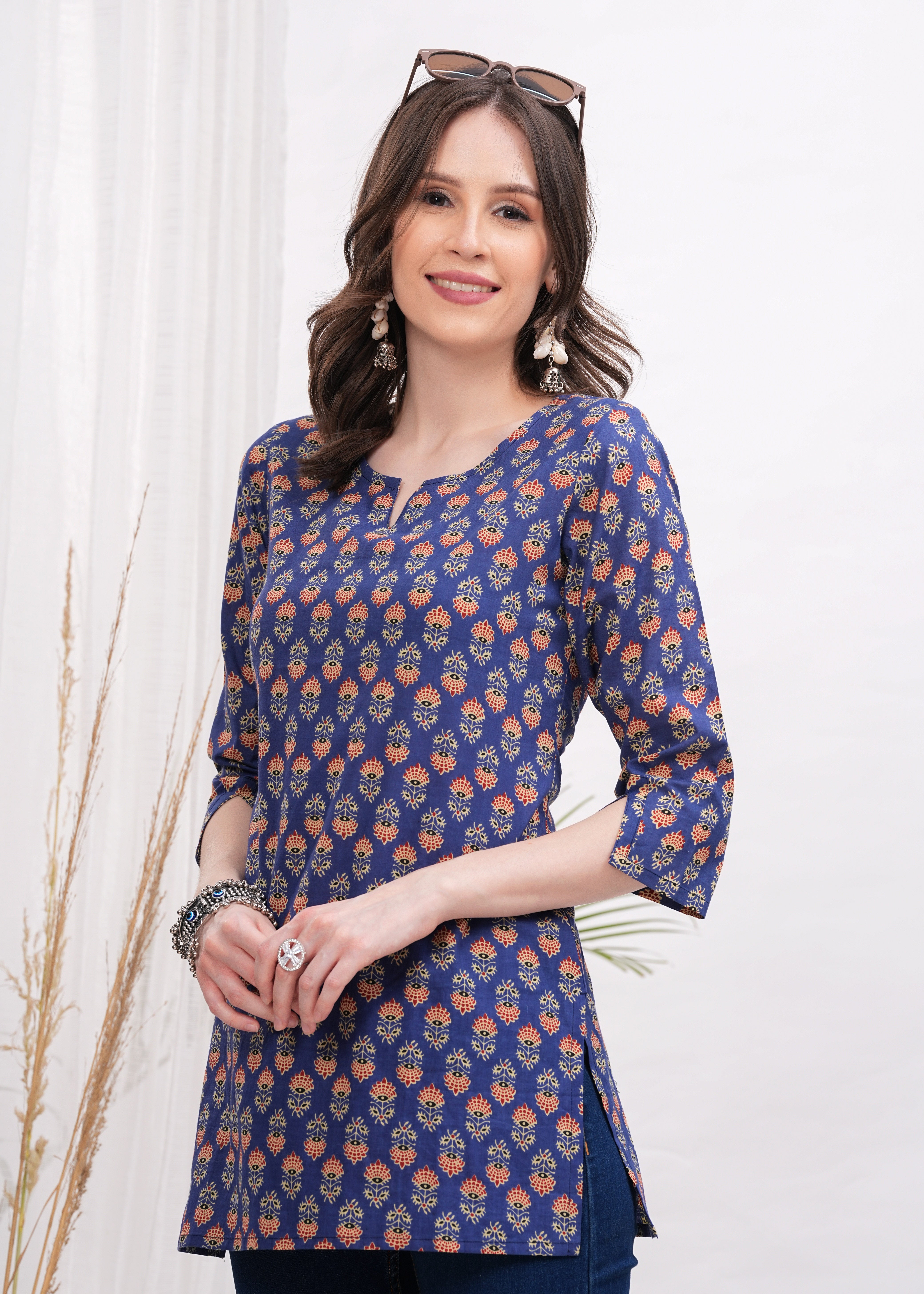 Trendy Tides Bold and Blue Color Block Print Cotton Short Kurti