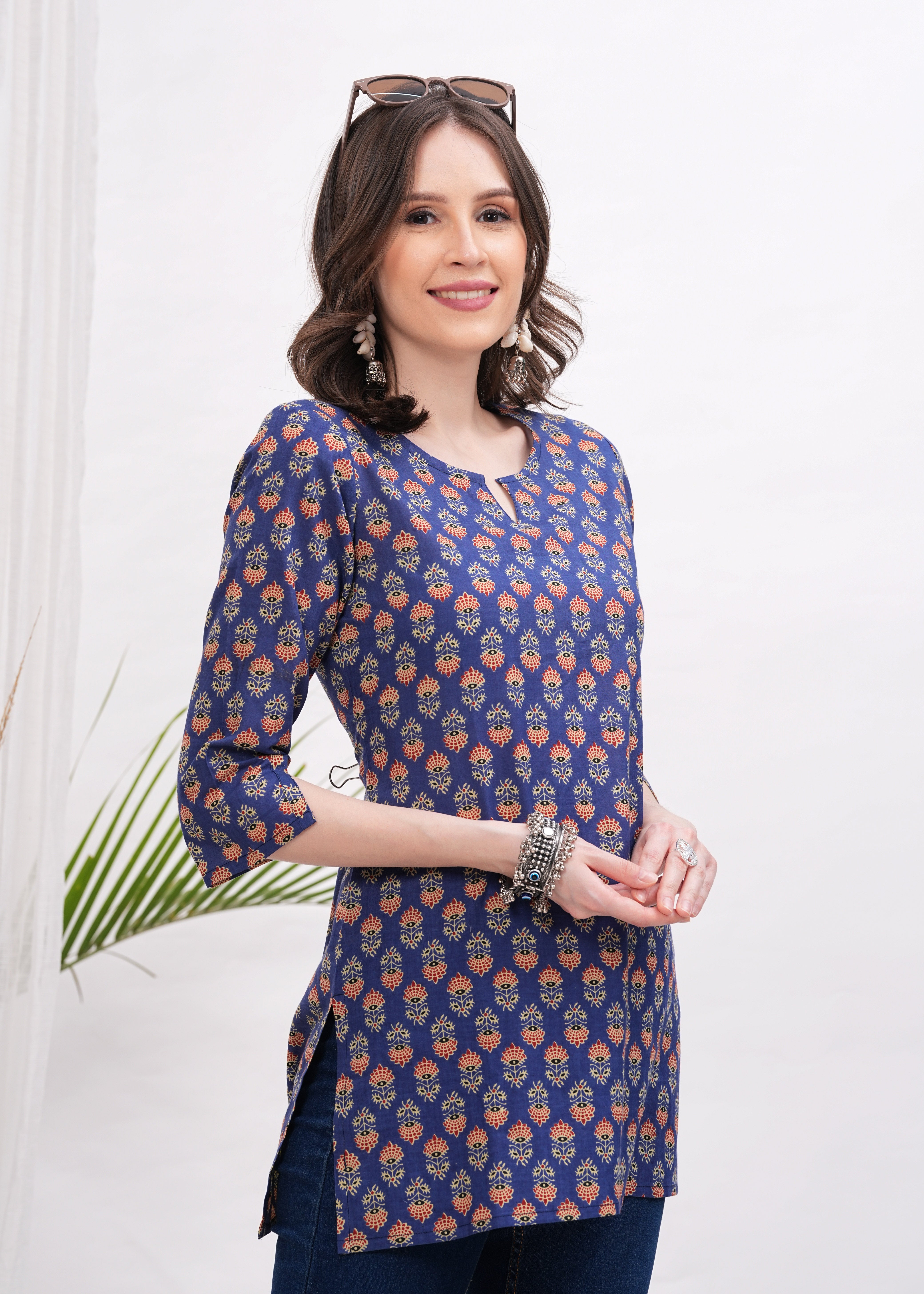 Trendy Tides Bold and Blue Color Block Print Cotton Short Kurti