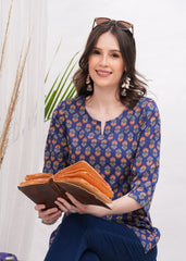 Trendy Tides Bold and Blue Color Block Print Cotton Short Kurti