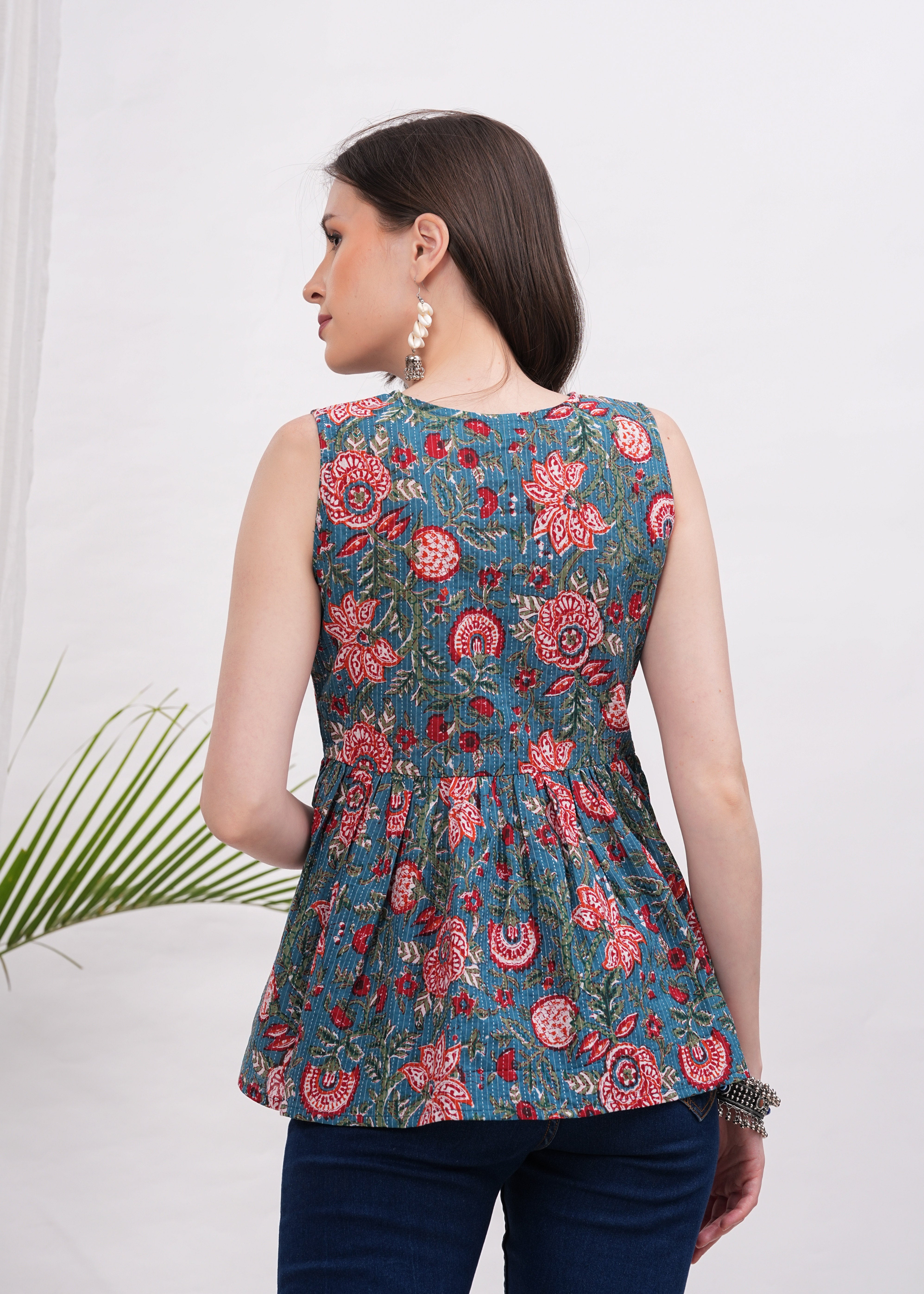 Green Katha Print Sleeveless cotton Top -A Fusion of Earthly Elegance and Tradition Artistry