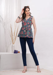 Green Katha Print Sleeveless cotton Top -A Fusion of Earthly Elegance and Tradition Artistry