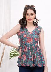 Green Katha Print Sleeveless cotton Top -A Fusion of Earthly Elegance and Tradition Artistry