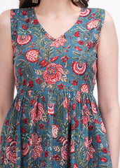 Green Katha Print Sleeveless cotton Top -A Fusion of Earthly Elegance and Tradition Artistry