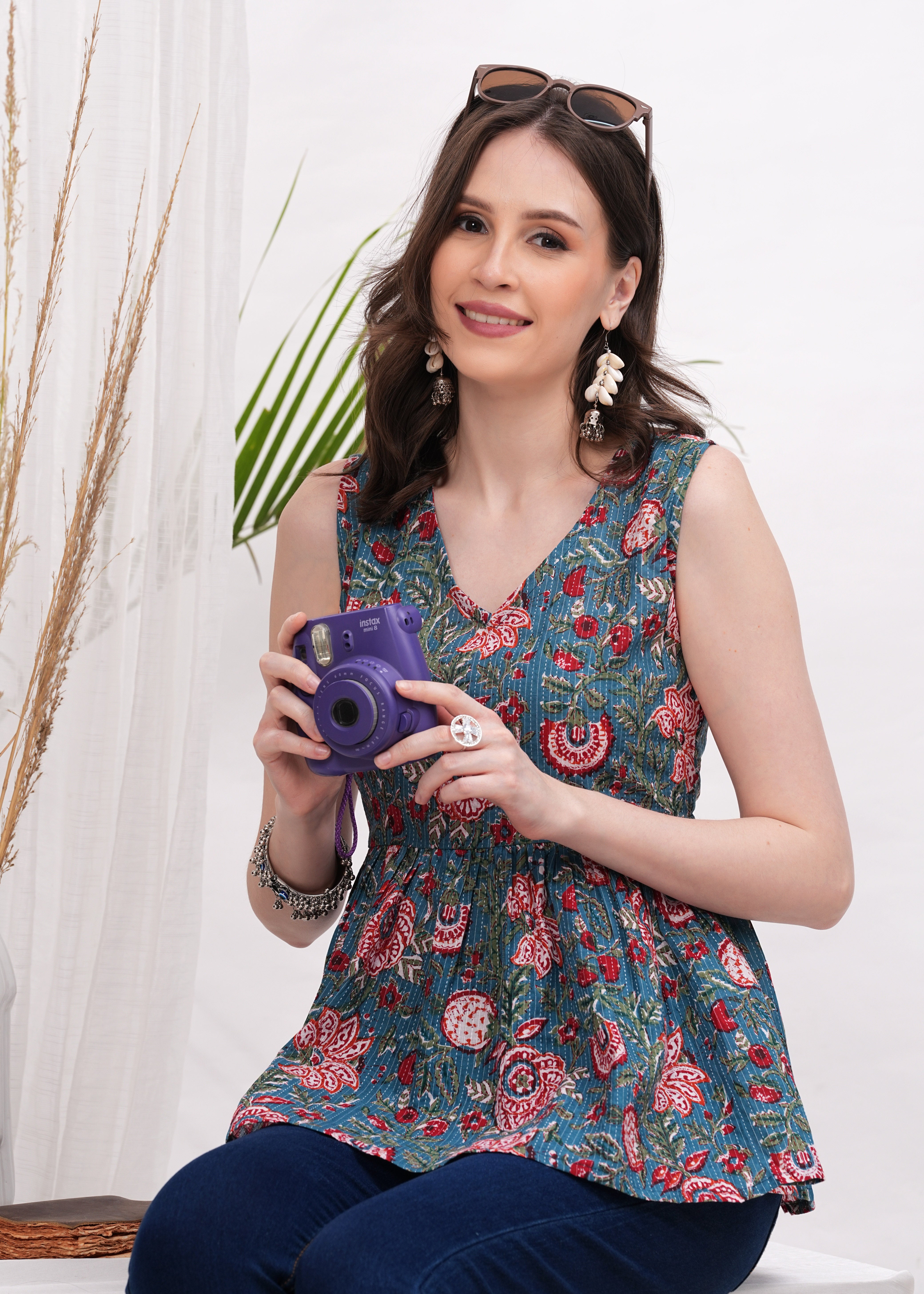 Green Katha Print Sleeveless cotton Top -A Fusion of Earthly Elegance and Tradition Artistry