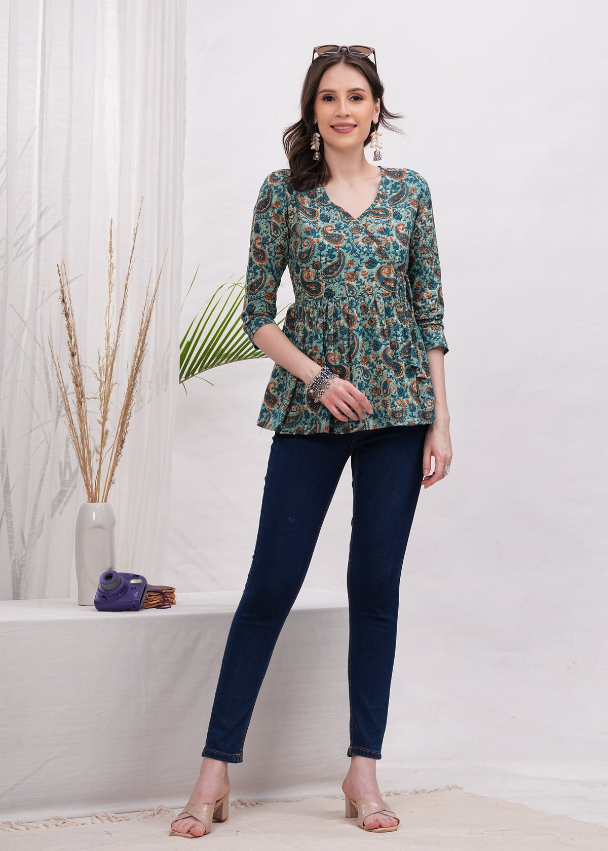 Green Flower Botanical Bliss Cotton Top- A touch of Nature With Vibrant Green Floral