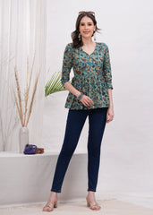 Green Flower Botanical Bliss Cotton Top- A touch of Nature With Vibrant Green Floral