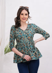 Green Flower Botanical Bliss Cotton Top- A touch of Nature With Vibrant Green Floral