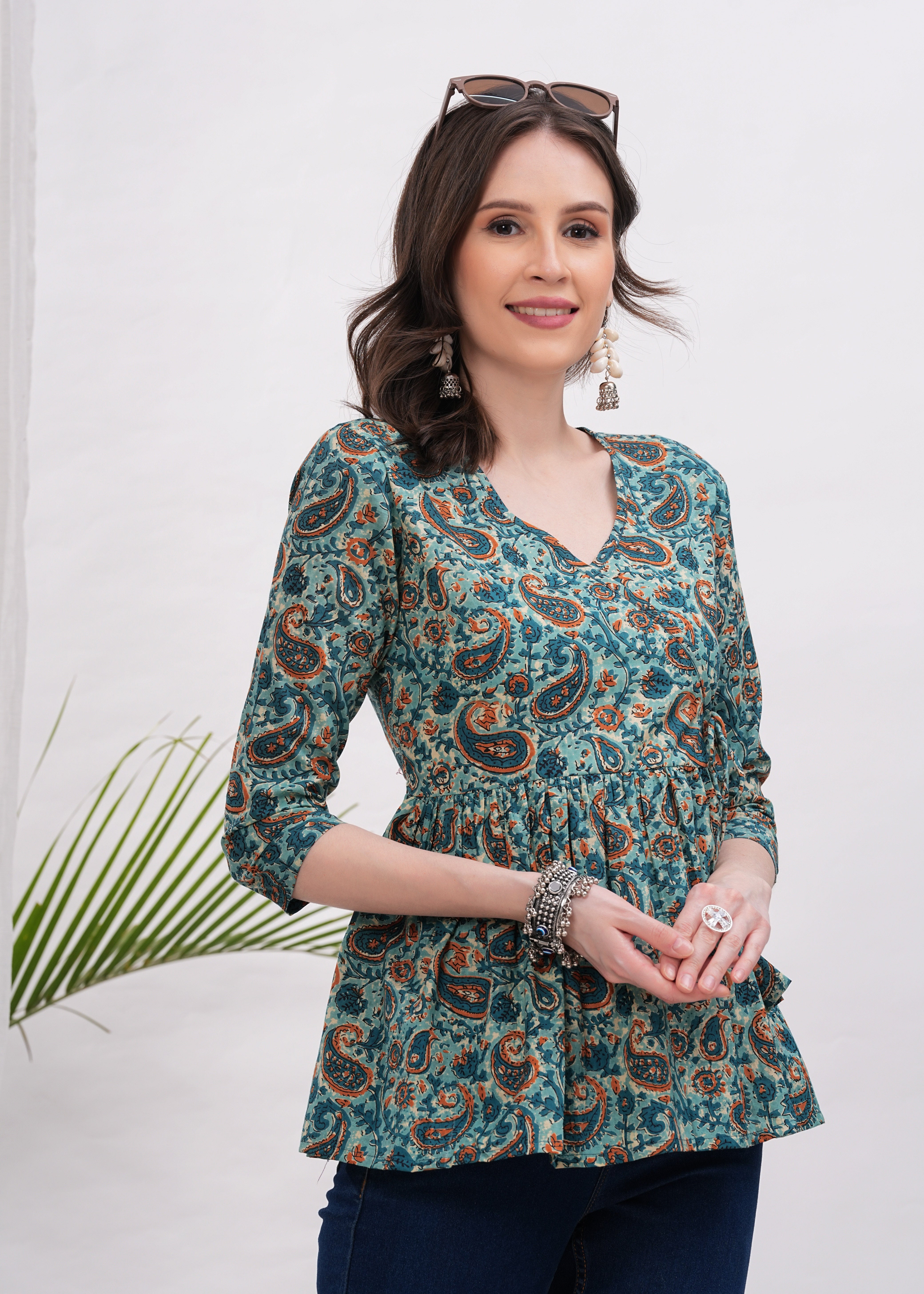Green Flower Botanical Bliss Cotton Top- A touch of Nature With Vibrant Green Floral