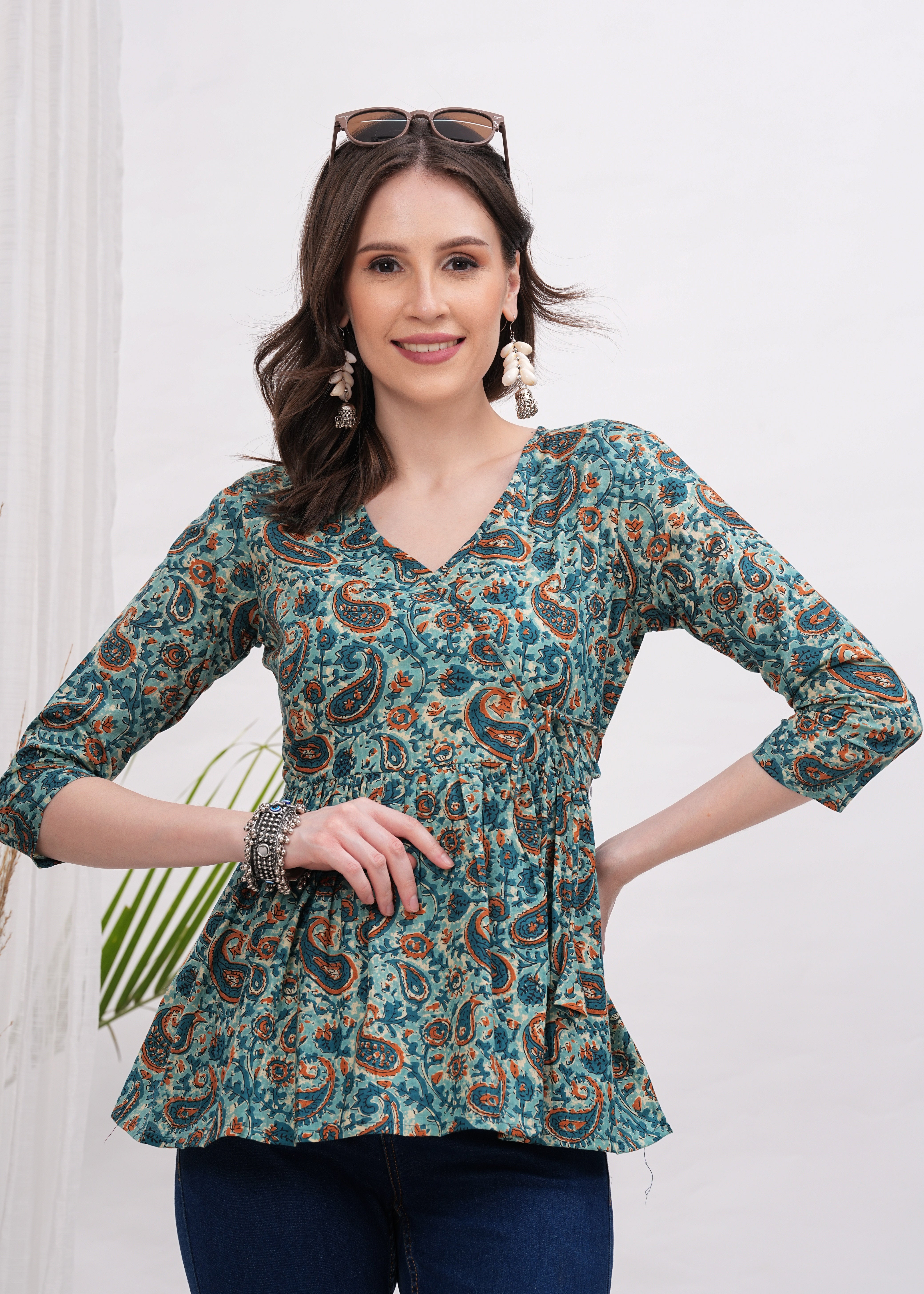 Green Flower Botanical Bliss Cotton Top- A touch of Nature With Vibrant Green Floral