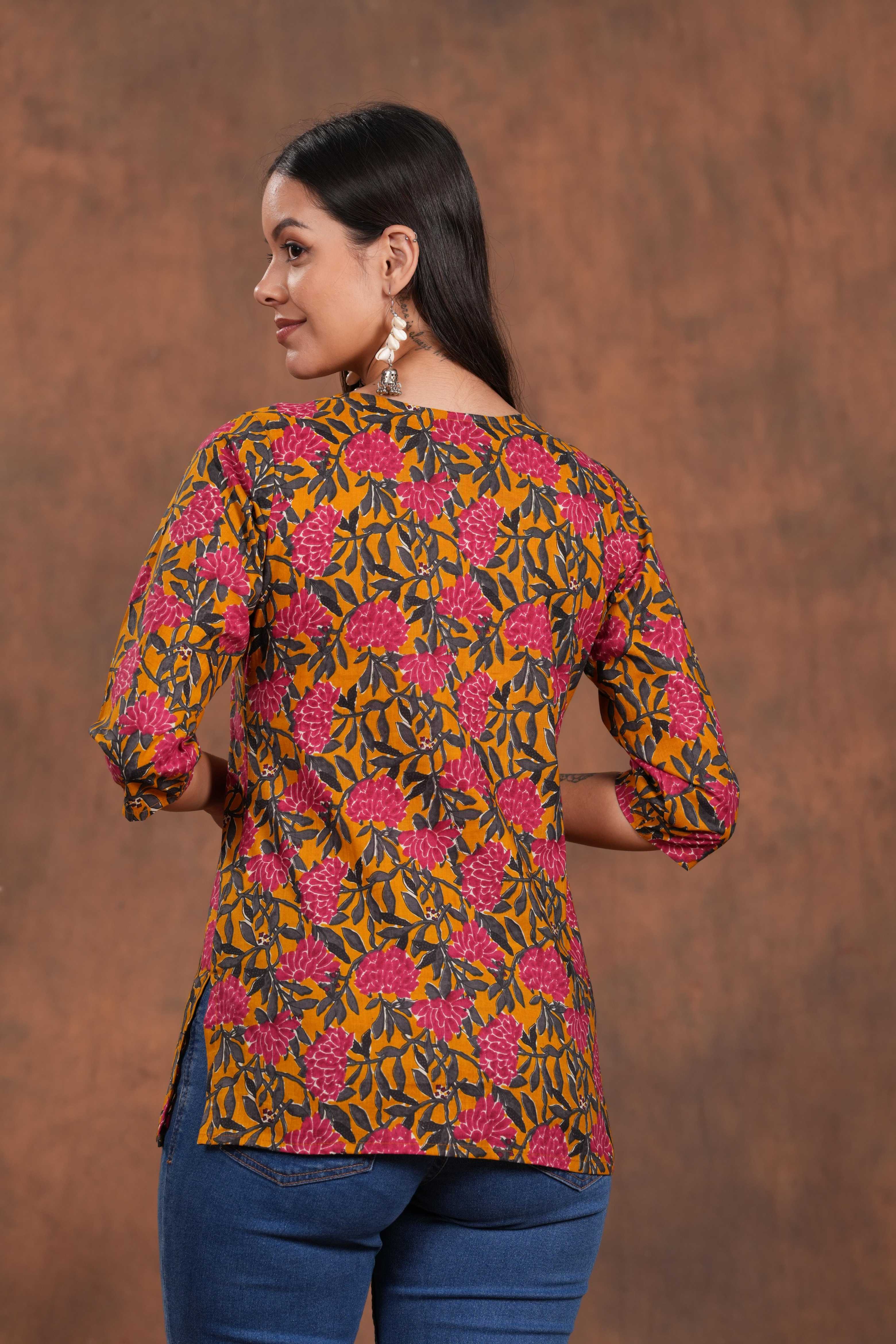 Yellow with Red Print A Stylish Yoke Short Kurti-A Bright and Bold Blend for Effortless Charm