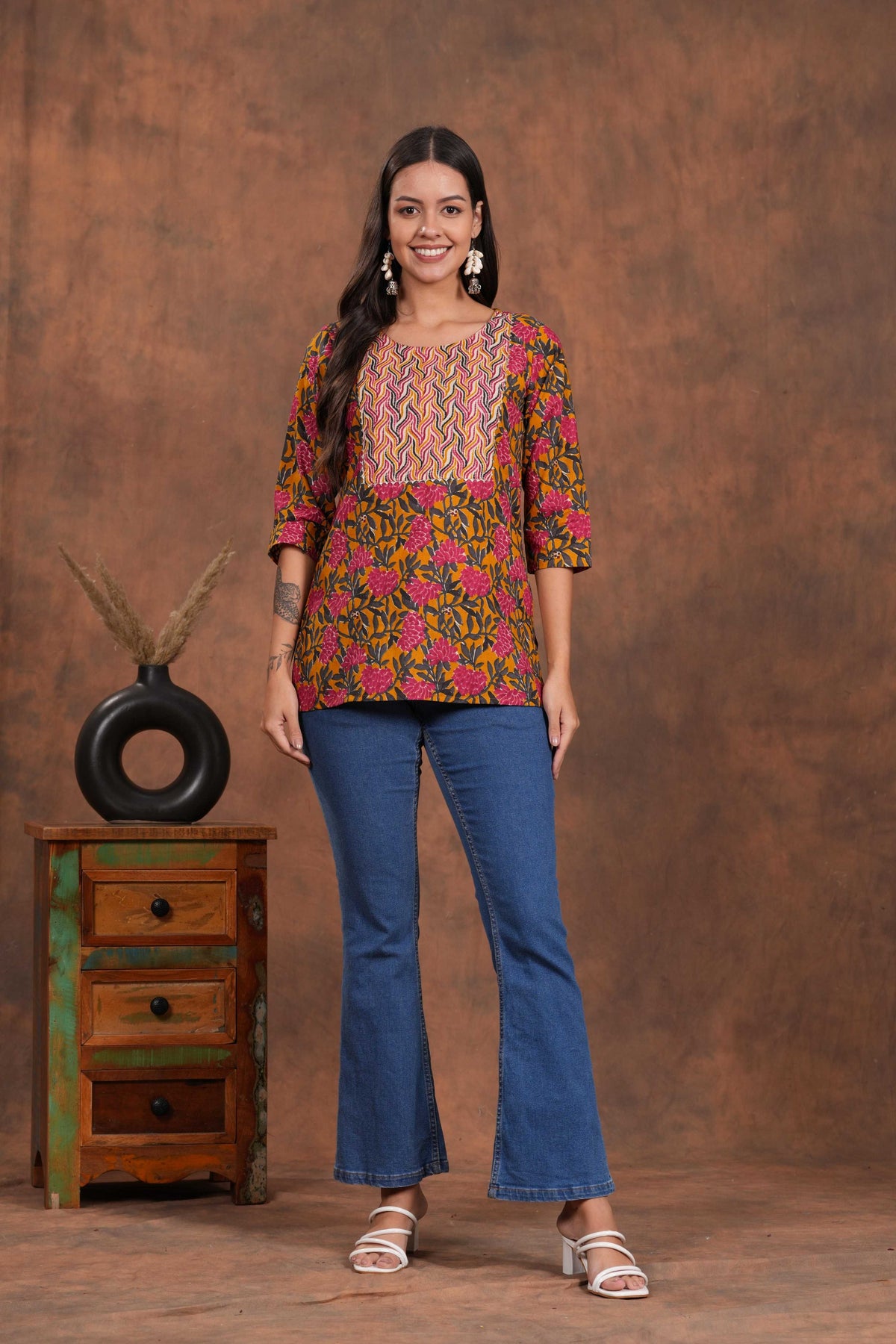 Yellow with Red Print A Stylish Yoke Short Kurti-A Bright and Bold Blend for Effortless Charm