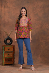 Yellow with Red Print A Stylish Yoke Short Kurti-A Bright and Bold Blend for Effortless Charm