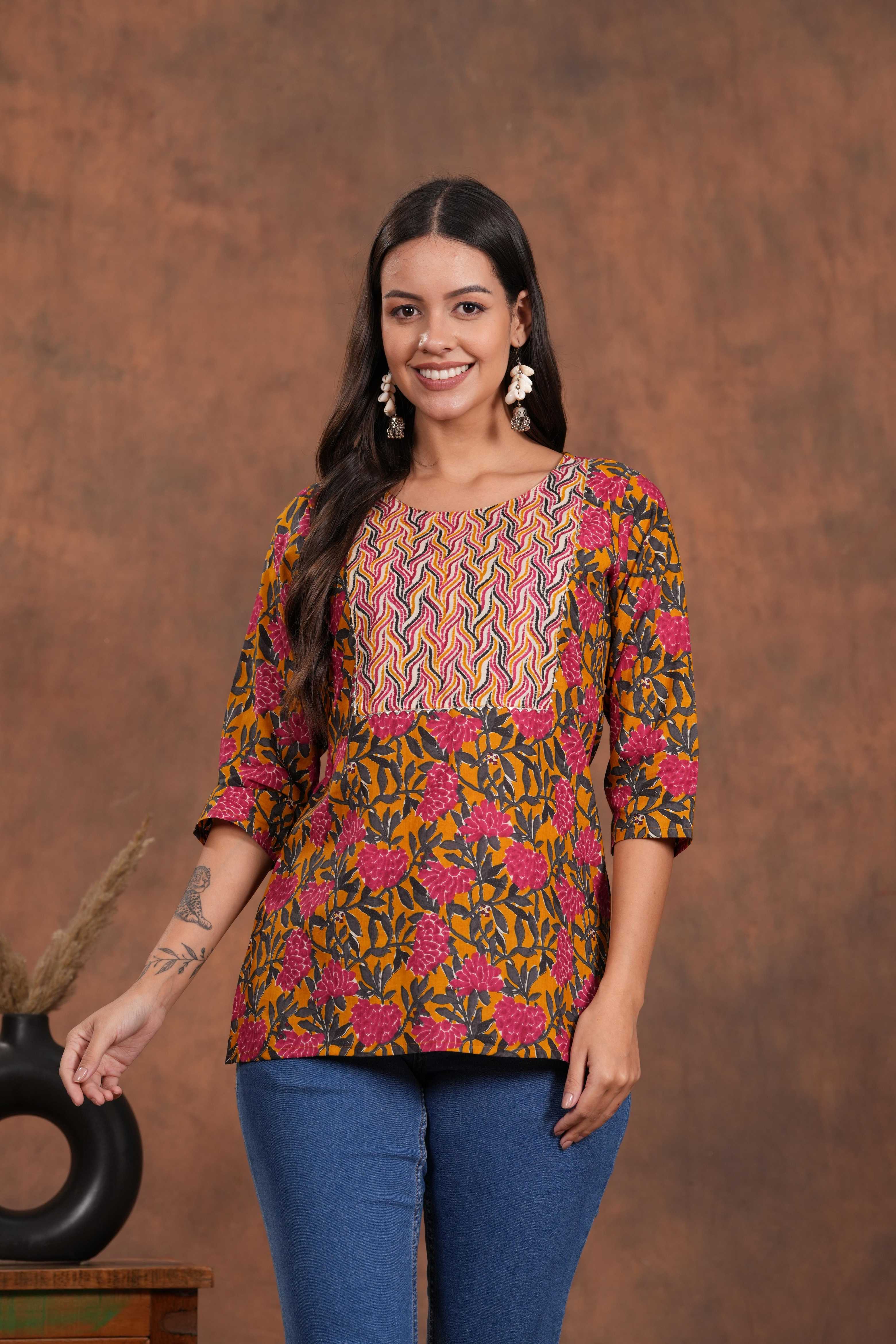 Yellow with Red Print A Stylish Yoke Short Kurti-A Bright and Bold Blend for Effortless Charm